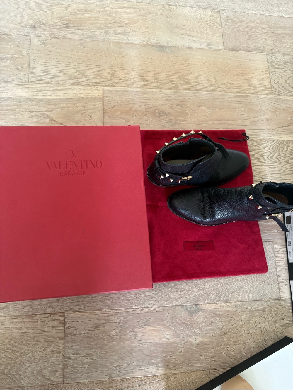 Valentino Garavani Black Leather Rockstud Ankle Booties with Gold Studs